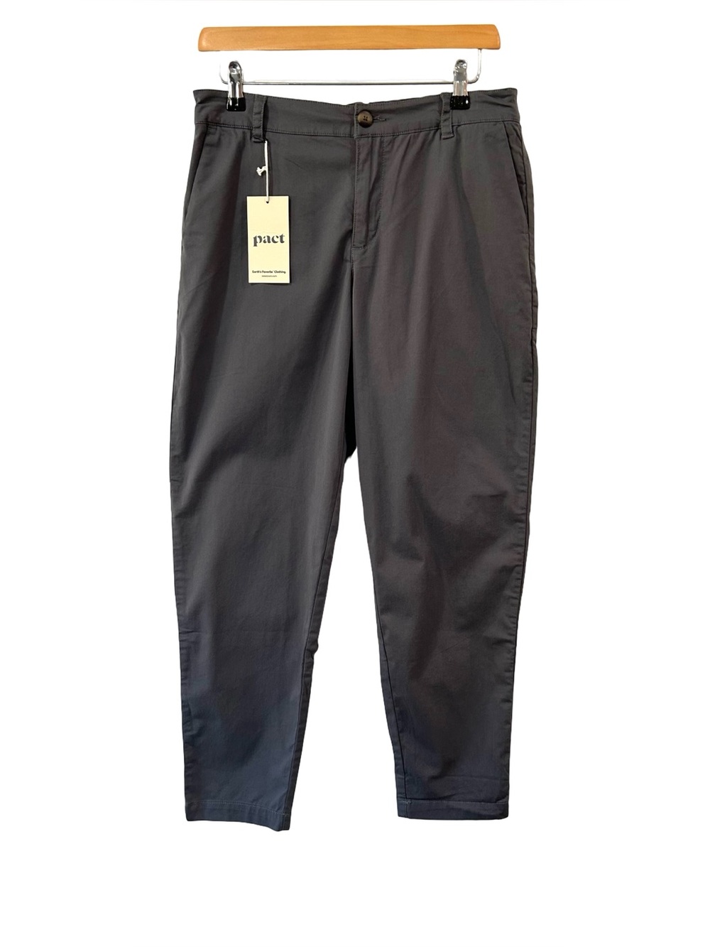 Pact women’s Boulevard chino Pant M storm grey ankle stretch organic cotton NWT
